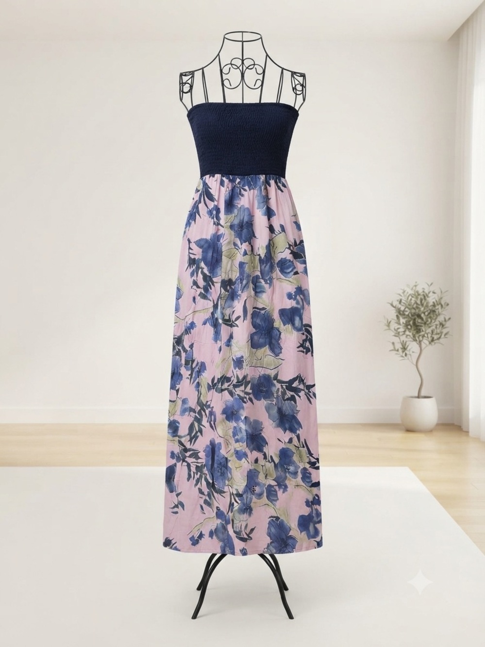 Charlotte Russe Navy Smocked Bodice Pink Maxi Dress with Blue Floral Print